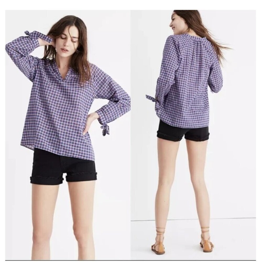Madewell Tie Sleeve‎ Popover Top Whitby Plaid Size M